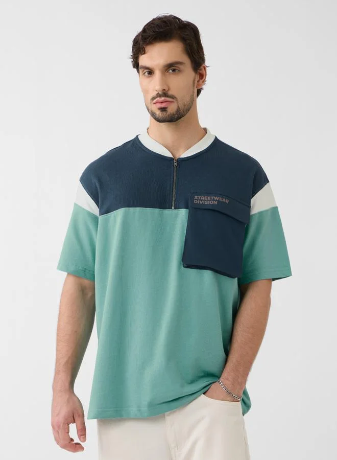 The Souled Store Men Green Color Block Oversized Polo