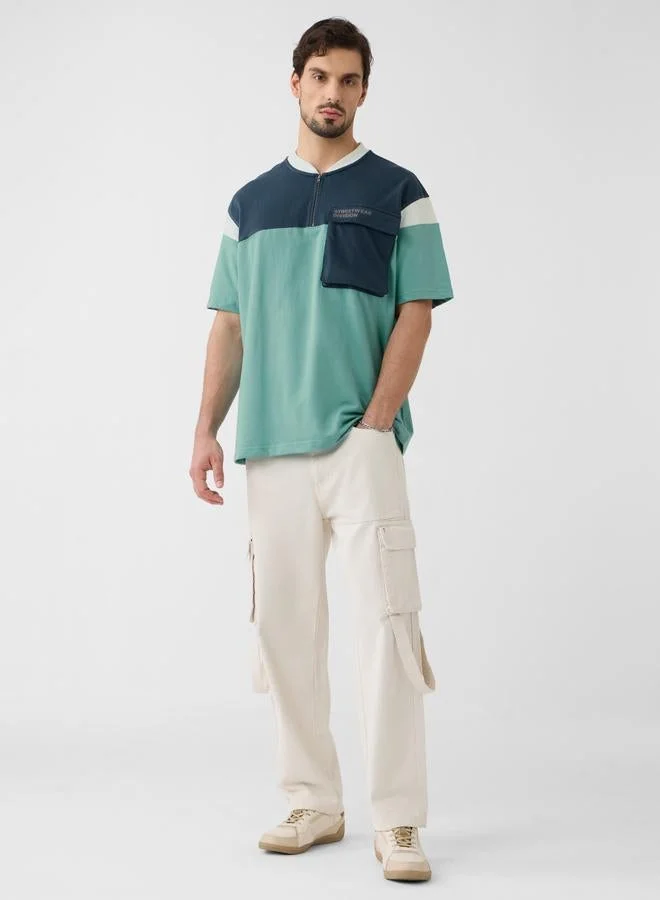 The Souled Store Men Green Color Block Oversized Polo
