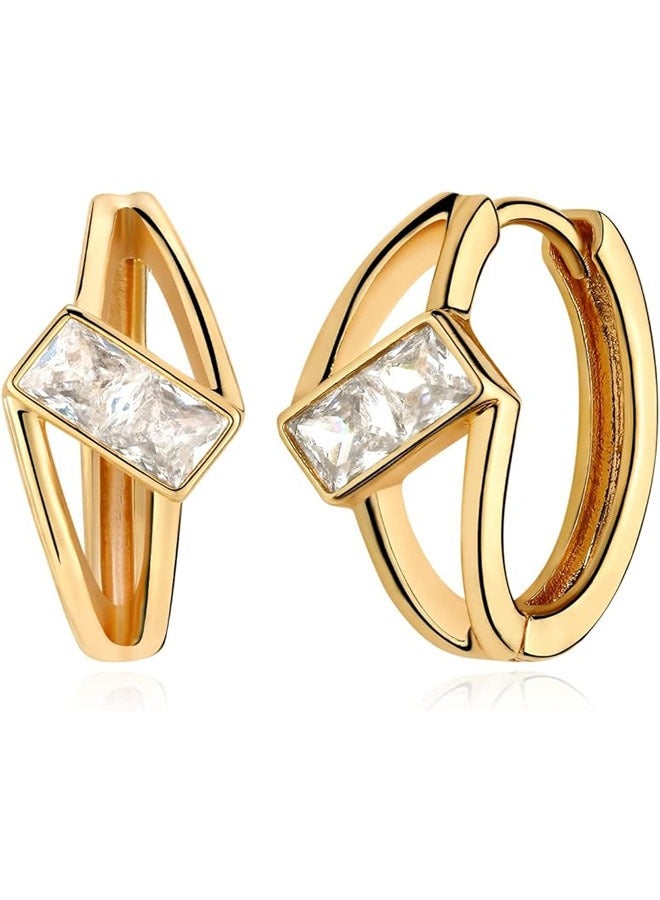 Mevecco Women Diamond Earrings Gold Huggie Cage Hoop Baguette Cubic Zirconia 14K Gold Filled Small Simple Handmade Hypoallergenic Everyday Jewelry - Image 1