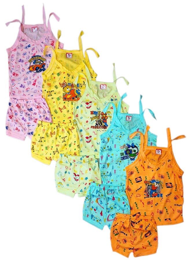 YETTALAN® New Born Baby Unisex Soft Cotton Printed Sleeveless Jhabla & Shirts with Matching Shorts (Pack of 5) | Comfortable & Stylish Infant Clothing Set (Multicolour, 0-3 Months) - Image 2