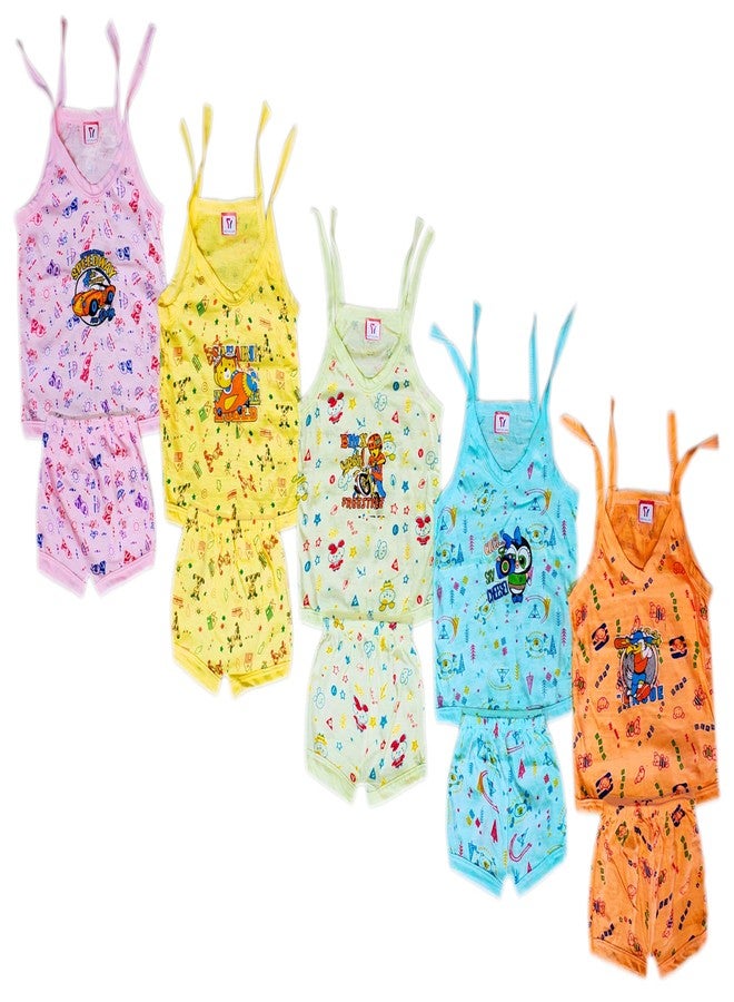 YETTALAN® New Born Baby Unisex Soft Cotton Printed Sleeveless Jhabla & Shirts with Matching Shorts (Pack of 5) | Comfortable & Stylish Infant Clothing Set (Multicolour, 0-3 Months) - Image 1