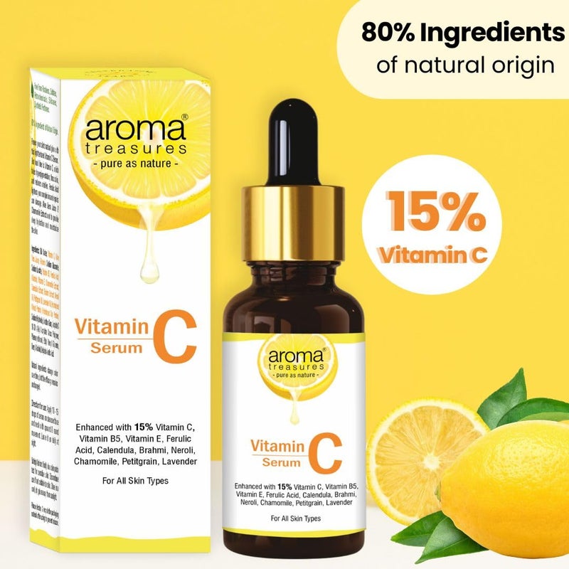 Aroma Treasures Aroma Treasures Vitamin C Face Serum for Glowing Skin with 15 Vitamin C Ferulic Acid Aloe Vera Essential Oils Brightens Hydrates Reduces Dark Spots For All Skin Types 30ml  - Image 2