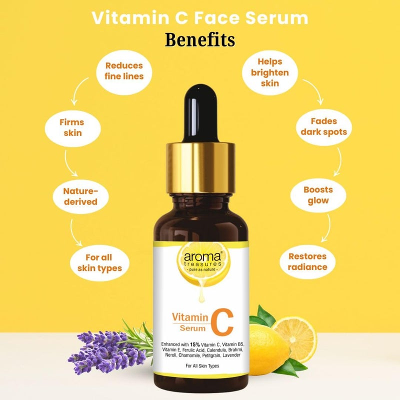 Aroma Treasures Aroma Treasures Vitamin C Face Serum for Glowing Skin with 15 Vitamin C Ferulic Acid Aloe Vera Essential Oils Brightens Hydrates Reduces Dark Spots For All Skin Types 30ml  - Image 5