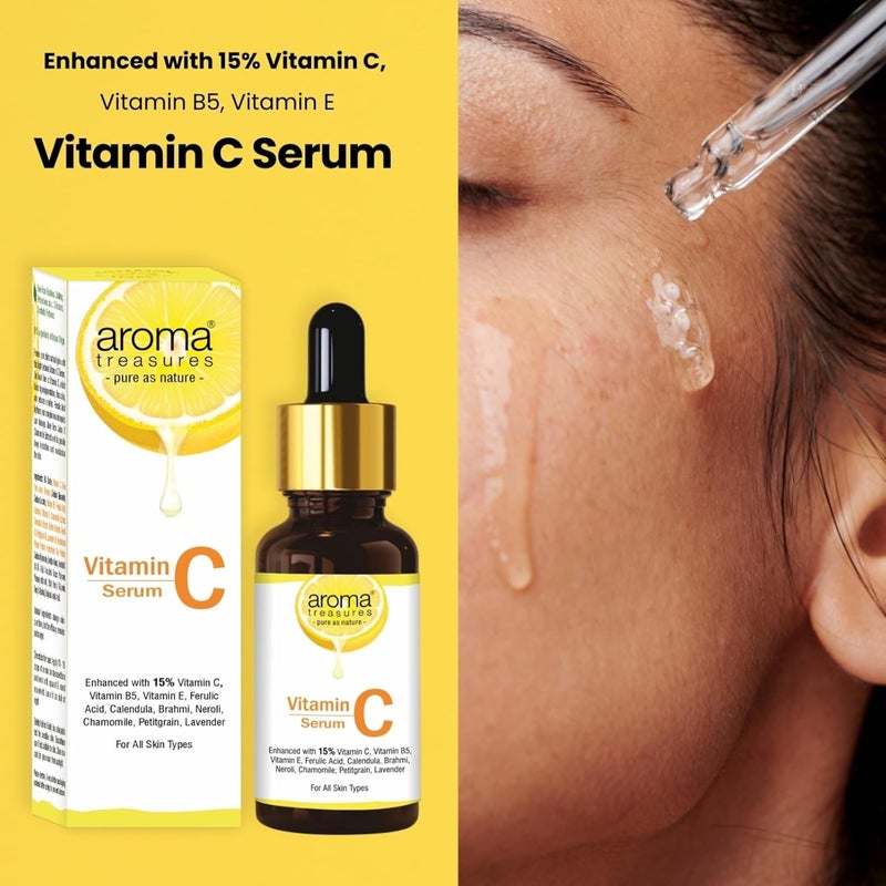 Aroma Treasures Aroma Treasures Vitamin C Face Serum for Glowing Skin with 15 Vitamin C Ferulic Acid Aloe Vera Essential Oils Brightens Hydrates Reduces Dark Spots For All Skin Types 30ml  - Image 3
