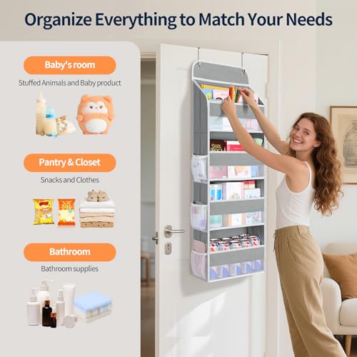 Yecaye Over The Door Organizer, Heavy Duty Hanging Organizers and Storage with 4 Large Capacity Pockets, Swing-Proof Behind The Door Storage for Bathroom Nursery Bedroom Dorm Closet, Grey,1Pc - Image 4