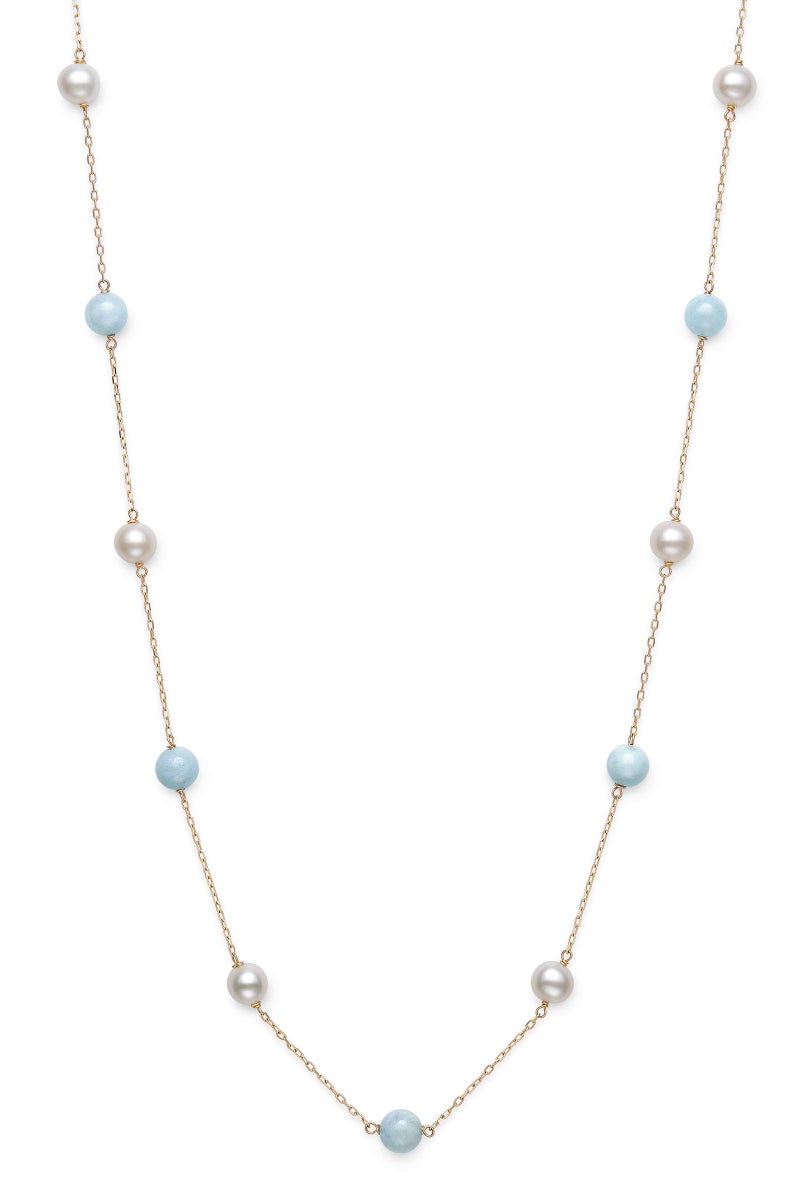 Belacqua Natural Milky Blue Aquamarine and Cultured Freshwater Pearl Station Necklace in 10K Yellow Gold, 18" Cable Chain, Real Pearl Jewelry for Women, Gift Box Included - Image 3
