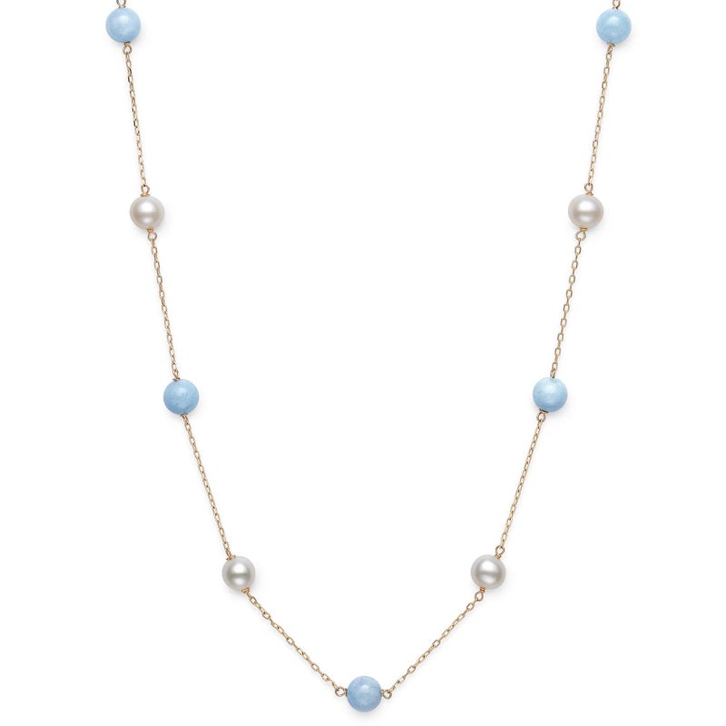 Belacqua Natural Milky Blue Aquamarine and Cultured Freshwater Pearl Station Necklace in 10K Yellow Gold, 18" Cable Chain, Real Pearl Jewelry for Women, Gift Box Included - Image 1