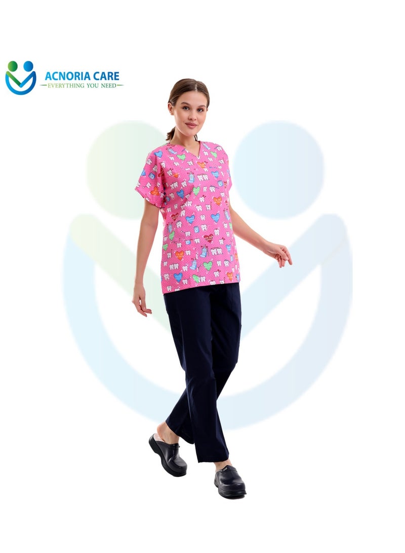 ACNORIA CARE Women's Printed Medical Scrubs Consisting Of Two Pieces Blouse And Pants 65% Polyester, 35% Cotton Pink Color - Size L - From Acnoria Care  - Image 5