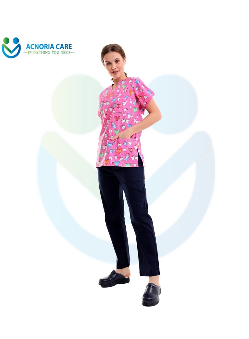 ACNORIA CARE Women's Printed Medical Scrubs Consisting Of Two Pieces Blouse And Pants 65% Polyester, 35% Cotton Pink Color - Size L - From Acnoria Care  - Image 3