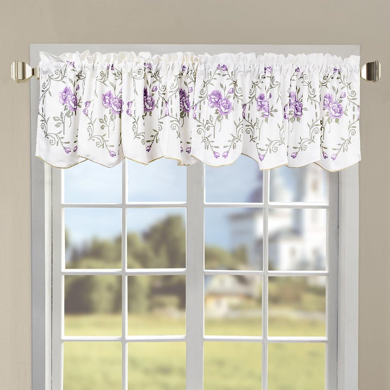 Home Soft Things 1 Piece Rose Embroidery Valance, Lilac, 60" x 19", Scalloped Flower Floral Window Curtain Valance Thick Drapes for Bedroom Decor with Rod Pocket. - Image 1