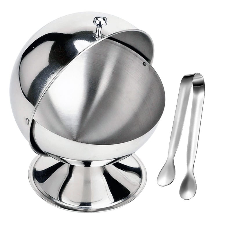 EATAKWARD Sugar Bowl with Roll Top Stainless Steel Spherical Candies Bowl with 4.3 Inch Sugar Tong Stainless Sugar Clip for Kitchen Coffee Bar Beverage Household - Image 1