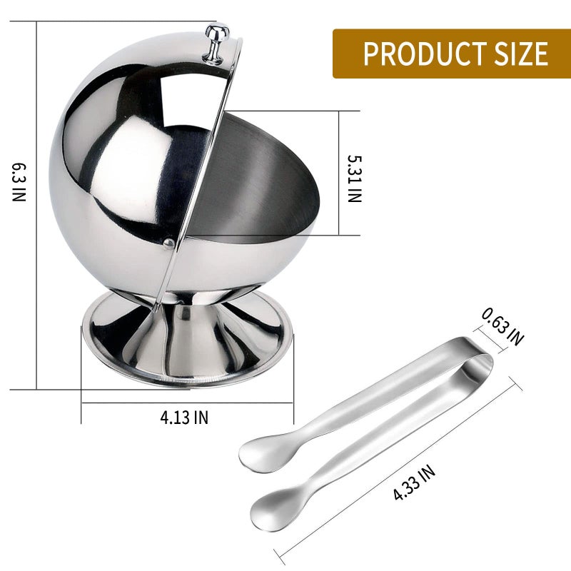 EATAKWARD Sugar Bowl with Roll Top Stainless Steel Spherical Candies Bowl with 4.3 Inch Sugar Tong Stainless Sugar Clip for Kitchen Coffee Bar Beverage Household - Image 3