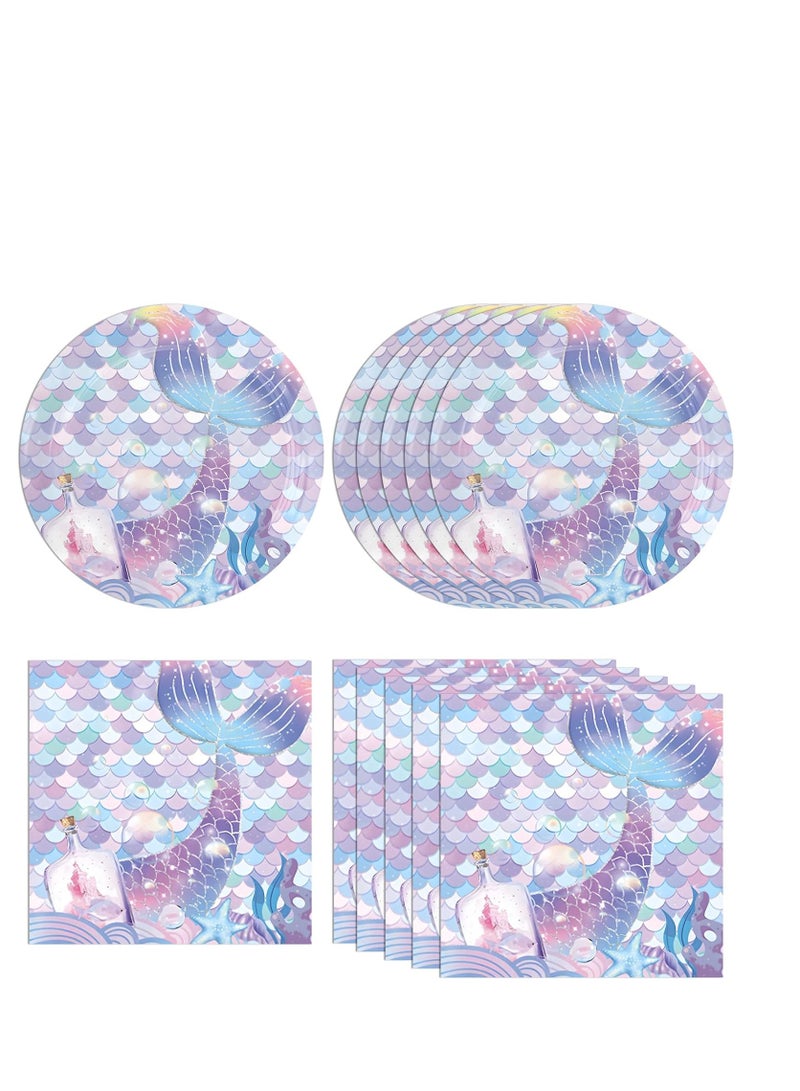 SYOSI طقم أدوات حفلات حورية البحر تحت البحر 80 قطعة بما في ذلك صحون ورقية ومنديل لحفل عيد ميلاد الفتيات ويوم الأطفال وحفل استقبال المولود وحفل زفاف وحفلة المحيط - Image 1