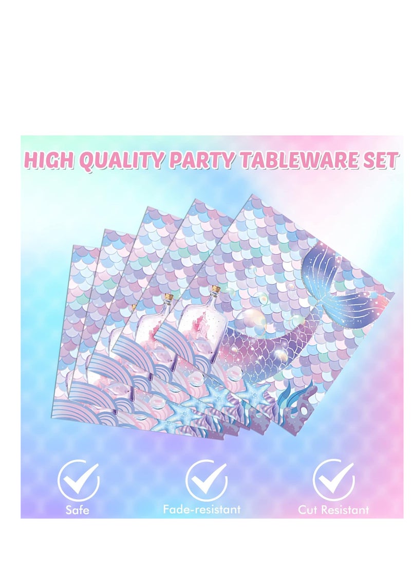 SYOSI طقم أدوات حفلات حورية البحر تحت البحر 80 قطعة بما في ذلك صحون ورقية ومنديل لحفل عيد ميلاد الفتيات ويوم الأطفال وحفل استقبال المولود وحفل زفاف وحفلة المحيط - Image 4