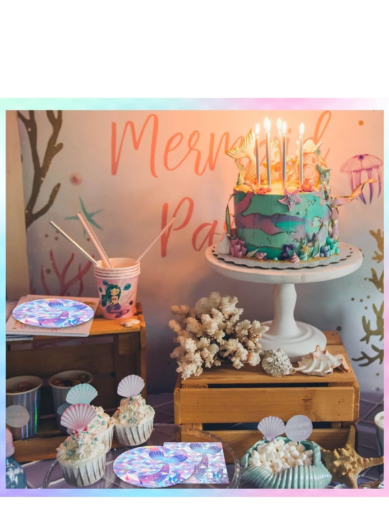 SYOSI طقم أدوات حفلات حورية البحر تحت البحر 80 قطعة بما في ذلك صحون ورقية ومنديل لحفل عيد ميلاد الفتيات ويوم الأطفال وحفل استقبال المولود وحفل زفاف وحفلة المحيط - Image 3