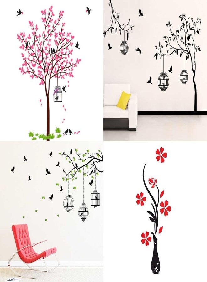 Merical PVC Vinyl Pink Tree Bird & Nest, Flower Vase Red, Flying Birds & Cage, Free Bird Cage Black Self-Adhesive Wall Sticker for Home Decor | Peel and Stick Wall Sticker for Decoration (Pack of 4) - Image 1