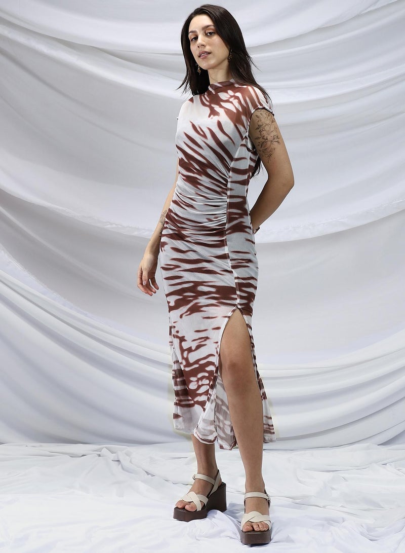 PINACOLADA Pinacolada Women's Chocolate Brown & Cream White Meta-Slit Midi Dress For Casual Wear | Mock Neck | Short Extended Sleeves | Zipper Closure | Dress Designed With Comfortable Fit For Woman & Girls  - Image 3