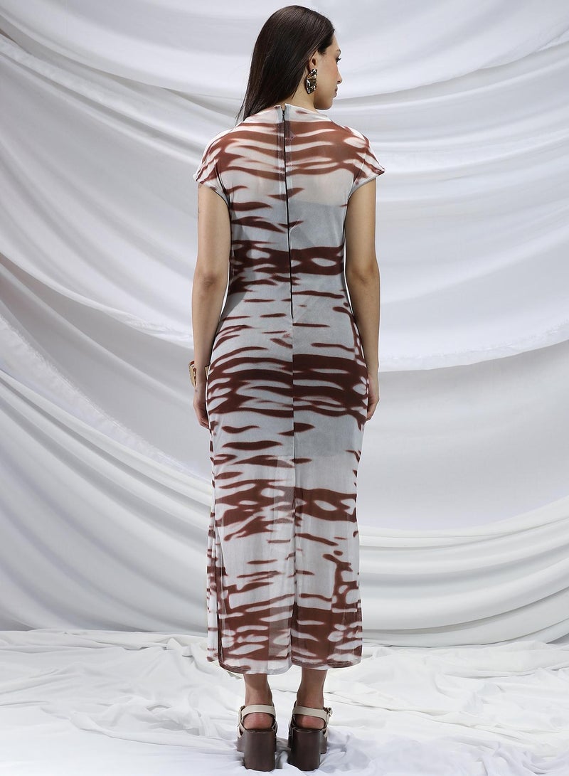 PINACOLADA Pinacolada Women's Chocolate Brown & Cream White Meta-Slit Midi Dress For Casual Wear | Mock Neck | Short Extended Sleeves | Zipper Closure | Dress Designed With Comfortable Fit For Woman & Girls  - Image 5