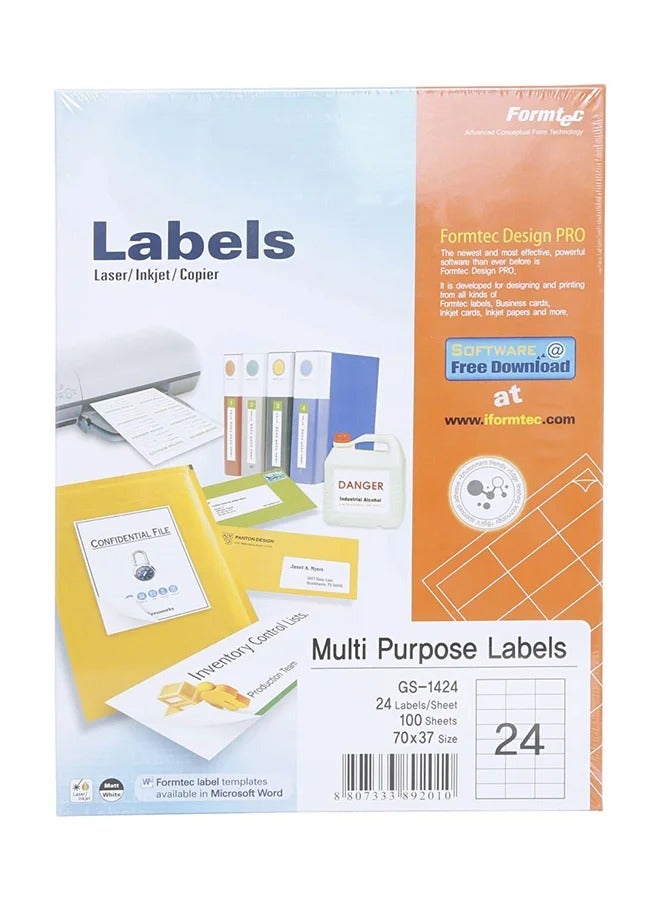 Formtec 100-Sheets Label Per Sheet Box (24 Labels Per Sheet)