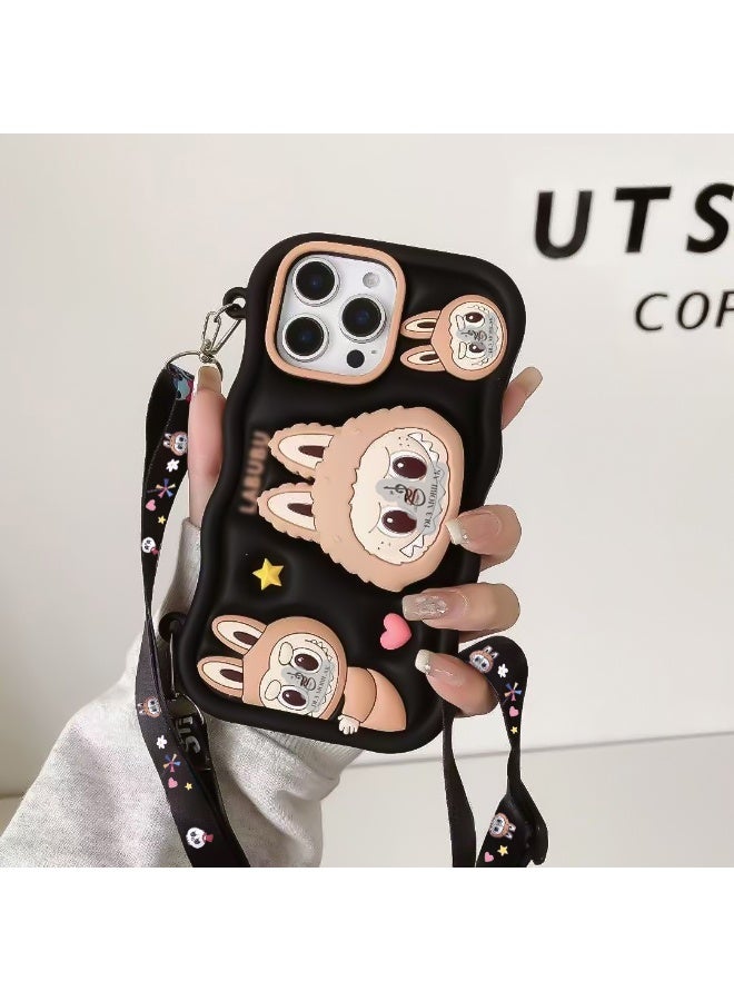 Case 3D Cute Silicone Cover with 3D Stand and Kawaii Shoulder Strap, Kids Girls Soft Funny Shockproof TPU Case With Lanyard For iPhone 13 Pro/iPhone 14 Pro 6.1 Inch (Black)