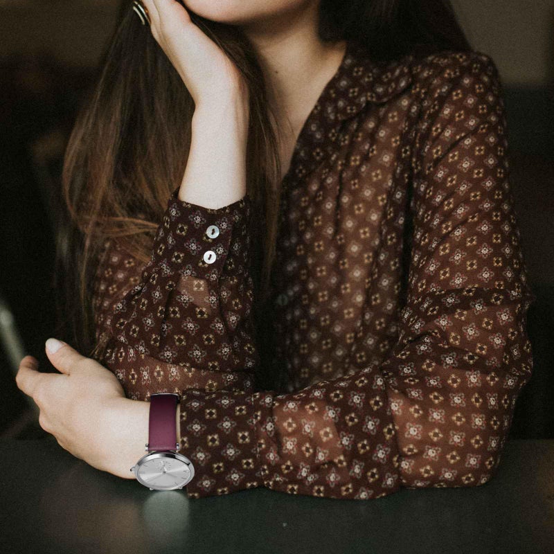 WOCCI 14mm Lug Width, Elegant Watch Band, Genuine Leather Replacement Strap with Rose Gold Buckle (Dark Plum) - Image 5