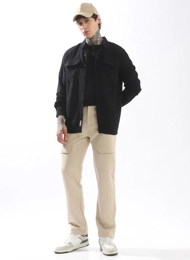 HIGH STAR Beige Trousers Solid Button Woven Full Cargo Mid-Rise for Men – Style that defines you