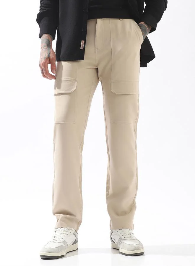 HIGH STAR Beige Trousers Solid Button Woven Full Cargo Mid-Rise for Men – Style that defines you