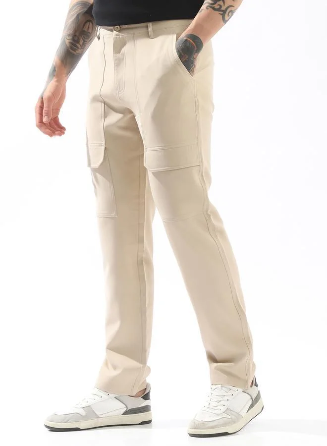 HIGH STAR beige Beige Trousers Solid Button Woven Full Cargo Mid-Rise for Men – Style that defines you for Men | Best Price UAE