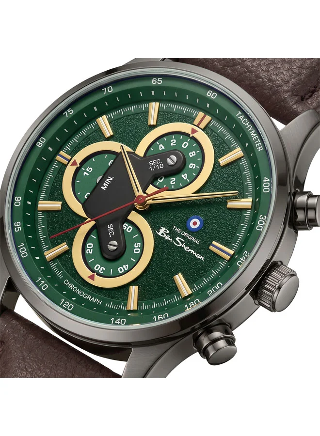 بين شيرمان Brighton Green Dial Brown Genuine Leather Strap Chronograph Watch for Men, 43.5mm