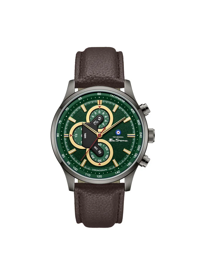 بين شيرمان Brighton Green Dial Brown Genuine Leather Strap Chronograph Watch for Men, 43.5mm