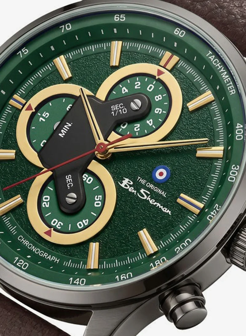 Ben Sherman Brighton Green Dial Brown Genuine Leather Strap Chronograph Watch for Men, 43.5mm