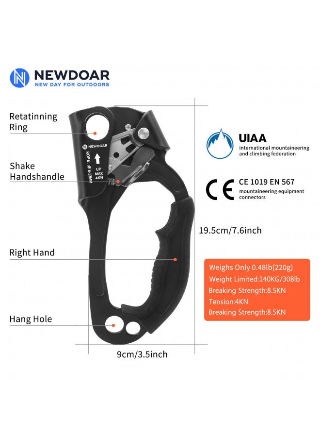Newdoar نيو دوار صعود اليد اليمنى تسلق الصخور معدات تسلق الأشجار معدات النزول معتمد من CE مشبك حبل لأسلاك 8~13 مم (يد يمنى برو أسود) - Image 2