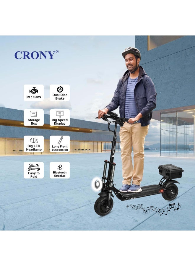 CRONY V18 Black high-performance electric scooter with dual 1500W motors for powerful acceleration & smooth rides, max speed 40 KM/H. Fitted with a 48V 18AH battery, it achieves a single-charge driving range of 30–60 KM Adult Commuting Delivery Urban Travel - Image 3