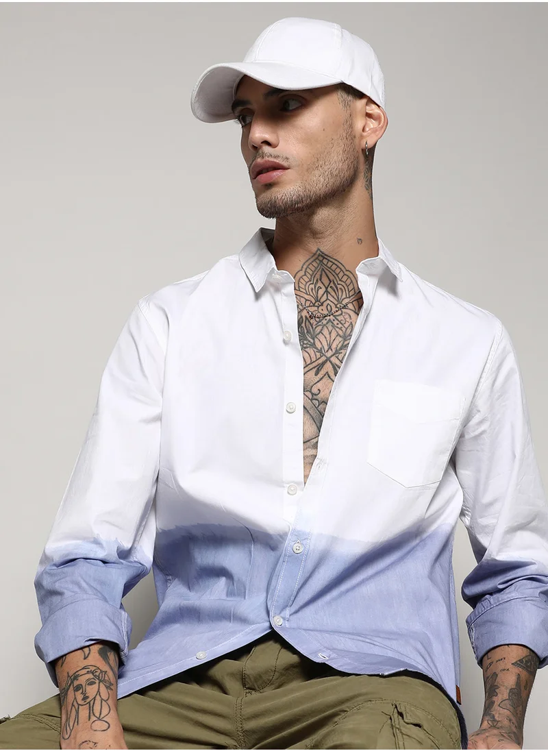 كامبوس سوترا Men's White & Blue Contrast Ombre Shirt