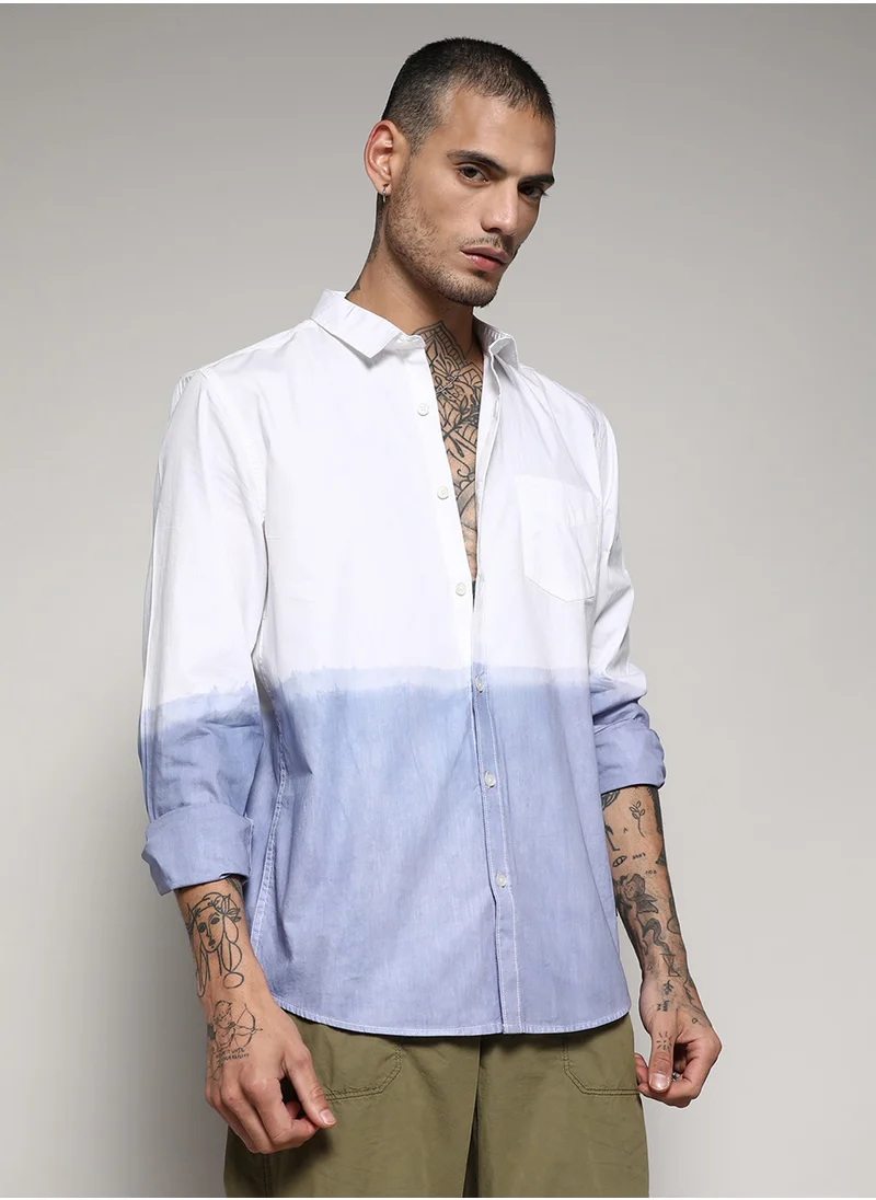 كامبوس سوترا Men's White & Blue Contrast Ombre Shirt