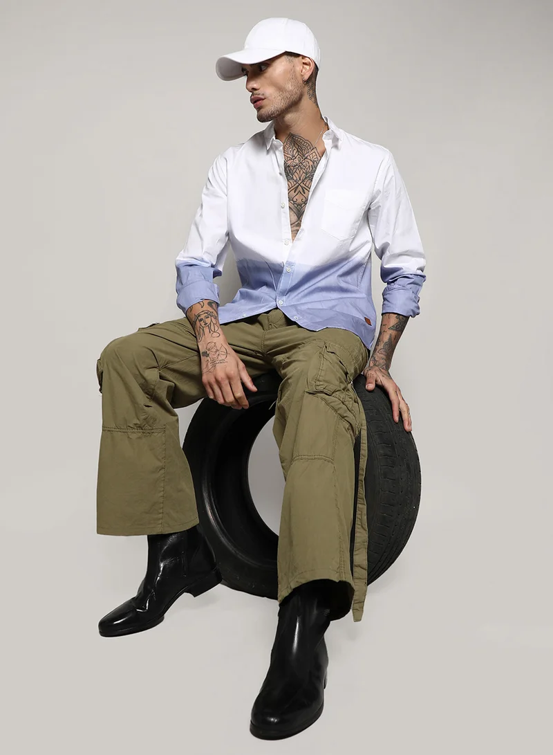 كامبوس سوترا Men's White & Blue Contrast Ombre Shirt