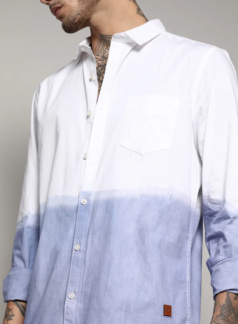 كامبوس سوترا Men's White & Blue Contrast Ombre Shirt