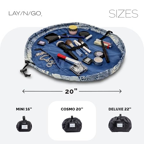 Lay-n-Go Cosmo Drawstring Cosmetic & Makeup Bag Organizer - Portable Drawstring Makeup Bag w/Zipper Pocket, Makeup Loops & More - Durable, Machine Washable Toiletry Bag (20", Blue Snakeskin) - Image 5