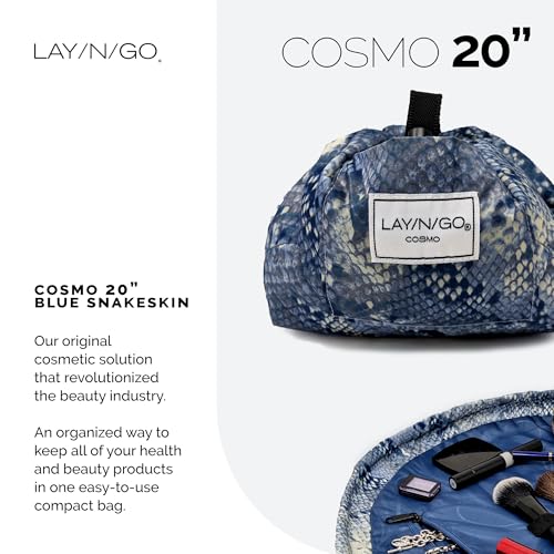 Lay-n-Go Cosmo Drawstring Cosmetic & Makeup Bag Organizer - Portable Drawstring Makeup Bag w/Zipper Pocket, Makeup Loops & More - Durable, Machine Washable Toiletry Bag (20", Blue Snakeskin) - Image 2