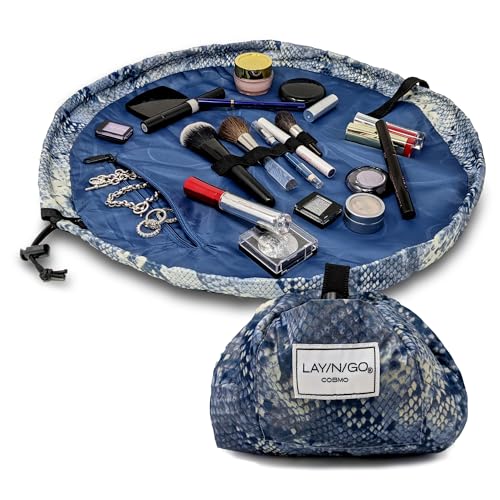Lay-n-Go Cosmo Drawstring Cosmetic & Makeup Bag Organizer - Portable Drawstring Makeup Bag w/Zipper Pocket, Makeup Loops & More - Durable, Machine Washable Toiletry Bag (20", Blue Snakeskin) - Image 1