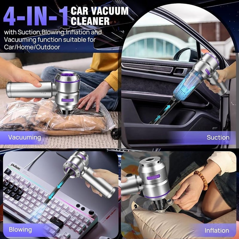 XVersion 4-in-1 Cordless Air Duster & Car Vacuum Cleaner, Portable Handheld Vacuum with Blow, Inflate & Deflate Functions, 3-Speed Control, Battery Display & Type-C Charging - Silver - Image 2