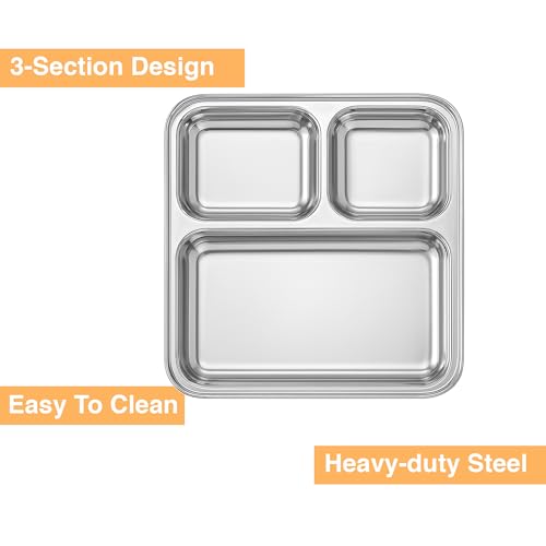 Expresso - Heavy Duty Stainless Steel Square Small Dinner Plate with 3 Sections Divided Mess Trays for Kids Lunch, Camping, Events & Every Day Use Kitchenware (Set of 1) - Image 5