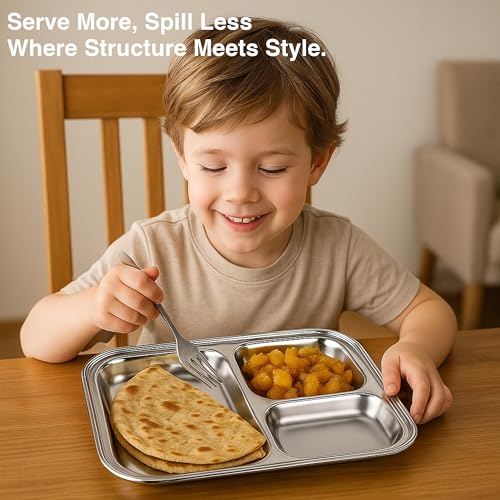 Expresso - Heavy Duty Stainless Steel Square Small Dinner Plate with 3 Sections Divided Mess Trays for Kids Lunch, Camping, Events & Every Day Use Kitchenware (Set of 1) - Image 3