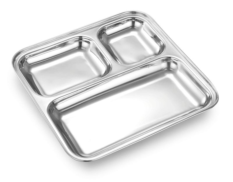 Expresso - Heavy Duty Stainless Steel Square Small Dinner Plate with 3 Sections Divided Mess Trays for Kids Lunch, Camping, Events & Every Day Use Kitchenware (Set of 1) - Image 1