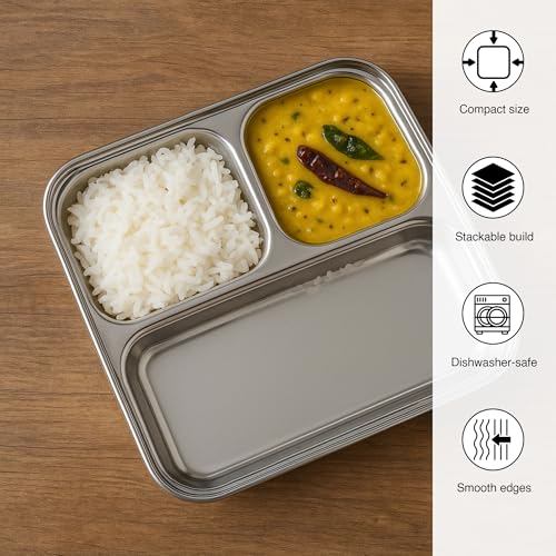 Expresso - Heavy Duty Stainless Steel Square Small Dinner Plate with 3 Sections Divided Mess Trays for Kids Lunch, Camping, Events & Every Day Use Kitchenware (Set of 1) - Image 4