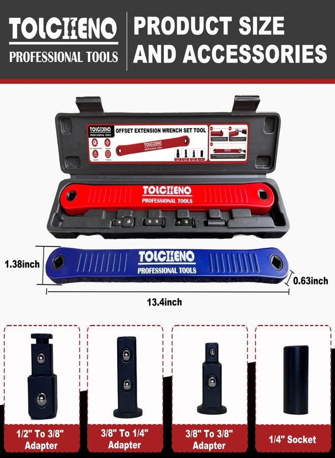 TOLCHENO Impact Ready Offset Extension Wrench - Pro Zero Socket Wrench Extender Tool with 1/4", 3/8", 1/2" Square Drive Adapters - Universal Ratchet Extensions for Tight Spaces (Red, Ergonomic) - Image 2