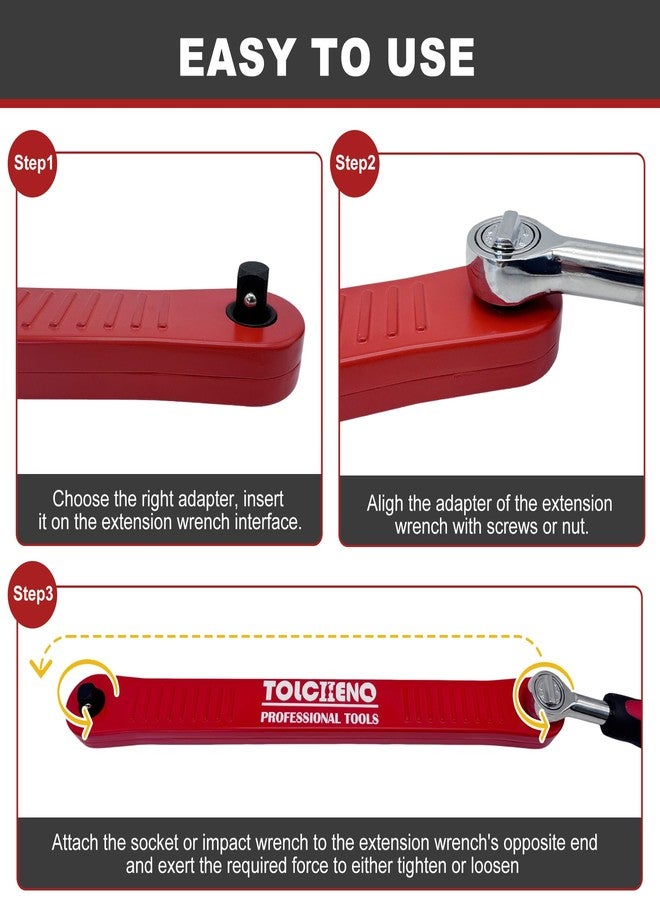 TOLCHENO Impact Ready Offset Extension Wrench - Pro Zero Socket Wrench Extender Tool with 1/4", 3/8", 1/2" Square Drive Adapters - Universal Ratchet Extensions for Tight Spaces (Red, Ergonomic) - Image 5