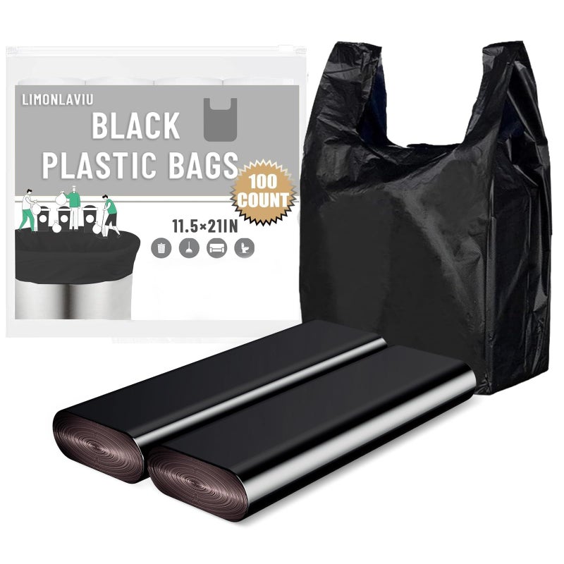 LimonLaviu Black Plastic Grocery Bags, 100 Pack, 11.5'x 6.5" x 21', 22 Pound Capacity, Heavy Duty, Unscented - Image 1