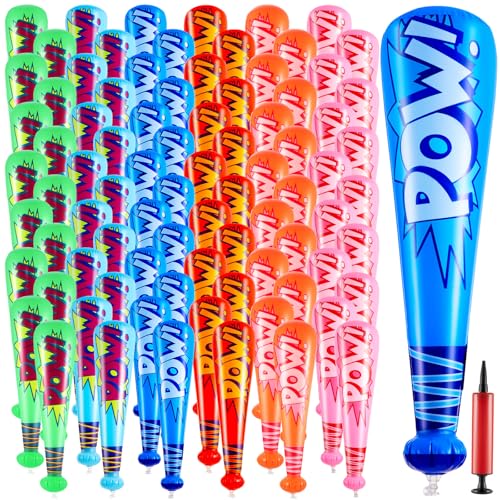 Seematn 100 Pcs Mardi Gras Throws Bulk Pow Inflatable Baseball Bats 17 Inch Inflatable Blow up Bats for Kids Carnival Game Prizes Bulk Carnival Hero Sports Prizes Favors Mixed Color - Image 1