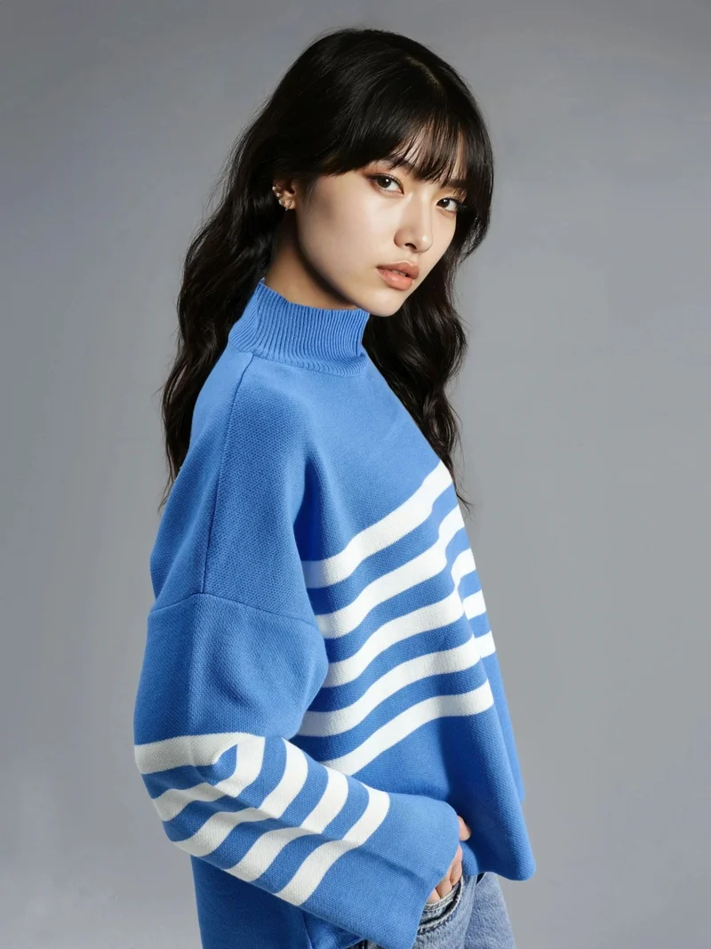 MY FASHION Cerulean Blue MY FASHION Oversized Striped Turtleneck Sweater for Women | Best Price UAE
